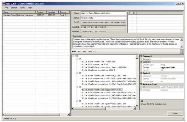 Edición del fichero OpenIoC para la detección del malware de Hacking Team empleando MANDIANT IoC Editor